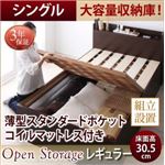 【組立設置費込】 収納ベッド シングル 深さレギュラー  【薄型スタンダードポケットコイルマットレス付】 フレームカラー：ダークブラウン  シンプル大容量収納庫付きすのこベッド Open Storage オープンストレージ