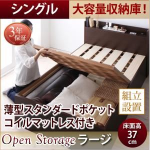 【組立設置費込】 収納ベッド シングル 深さラージ  【薄型スタンダードポケットコイルマットレス付】 フレームカラー：ダークブラウン  シンプル大容量収納庫付きすのこベッド Open Storage オープンストレージ