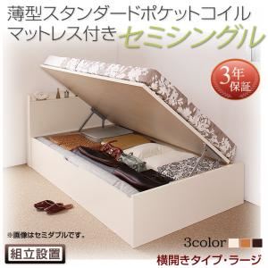 【組立設置費込】 収納ベッド セミシングル 深さラージ 横開き 【薄型スタンダードポケットコイルマットレス付】 フレームカラー：ダークブラウン  国産跳ね上げ収納ベッド Freeda フリーダ