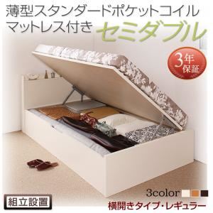 【組立設置費込】 収納ベッド セミダブル 深さレギュラー 横開き 【薄型スタンダードポケットコイルマットレス付】 フレームカラー：ダークブラウン  国産跳ね上げ収納ベッド Freeda フリーダ