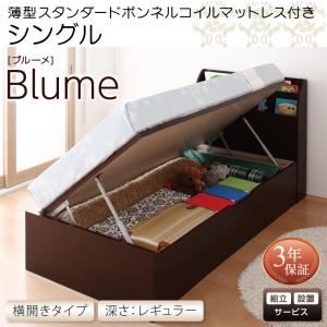 【組立設置費込】収納ベッド【横開き】 シングル 深さレギュラー【薄型スタンダードボンネルコイルマットレス付】フレームカラー：ホワイト開閉・深さが選べるガス圧式跳ね上げ収納ベッド Blume ブルーメ