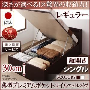 【組立設置費込】 収納ベッド 【縦開き】 シングル 深さレギュラー   【薄型プレミアムポケットコイルマットレス付】 フレームカラー：ダークブラウン  国産跳ね上げ収納ベッド Clory クローリー