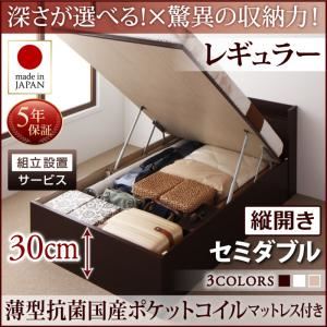 【組立設置費込】 収納ベッド 【縦開き】 セミダブル 深さレギュラー   【薄型抗菌国産ポケットコイルマットレス付】 フレームカラー：ダークブラウン  国産跳ね上げ収納ベッド Clory クローリー