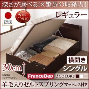 お客様組立 収納ベッド 【横開き】 シングル 深さレギュラー   【羊毛入りゼルトスプリングマットレス付】 フレームカラー：ホワイト  国産跳ね上げ収納ベッド Clory クローリー