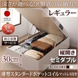 【組立設置費込】 収納ベッド 【縦開き】 セミダブル 深さレギュラー   【薄型スタンダードポケットコイルマットレス付】 フレームカラー：ダークブラウン  国産跳ね上げ収納ベッド Regless リグレス