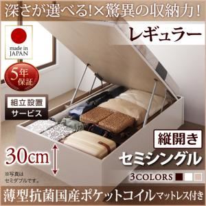 【組立設置費込】 収納ベッド 【縦開き】 セミシングル 深さレギュラー   【薄型抗菌国産ポケットコイルマットレス付】 フレームカラー：ダークブラウン  国産跳ね上げ収納ベッド Regless リグレス