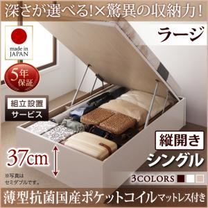 【組立設置費込】 収納ベッド 【縦開き】 シングル 深さラージ   【薄型抗菌国産ポケットコイルマットレス付】 フレームカラー：ダークブラウン  国産跳ね上げ収納ベッド Regless リグレス