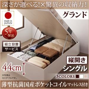 【組立設置費込】 収納ベッド 【縦開き】 シングル 深さグランド   【薄型抗菌国産ポケットコイルマットレス付】 フレームカラー：ダークブラウン  国産跳ね上げ収納ベッド Regless リグレス