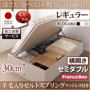 【組立設置費込】 収納ベッド 【横開き】 セミダブル 深さレギュラー   【羊毛入りゼルトスプリングマットレス付】 フレームカラー：ダークブラウン  国産跳ね上げ収納ベッド Regless リグレス