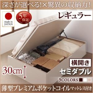 お客様組立 収納ベッド 【横開き】 セミダブル 深さレギュラー   【薄型プレミアムポケットコイルマットレス付】 フレームカラー：ダークブラウン  国産跳ね上げ収納ベッド Regless リグレス