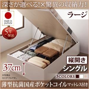 お客様組立 収納ベッド 【縦開き】 シングル 深さラージ   【薄型抗菌国産ポケットコイルマットレス付】 フレームカラー：ダークブラウン  国産跳ね上げ収納ベッド Regless リグレス