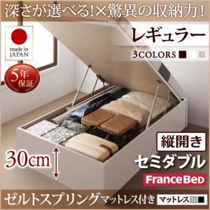 お客様組立 収納ベッド 【縦開き】 セミダブル 深さレギュラー   【ゼルトスプリングマットレス付】 フレームカラー：ダークブラウン マットレスカラー：グレー 国産跳ね上げ収納ベッド Regless リグレス