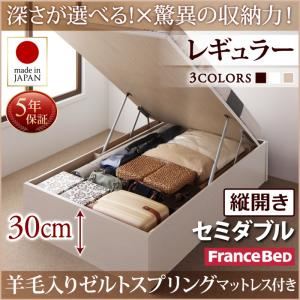 お客様組立 収納ベッド 【縦開き】 セミダブル 深さレギュラー   【羊毛入りゼルトスプリングマットレス付】 フレームカラー：ダークブラウン  国産跳ね上げ収納ベッド Regless リグレス