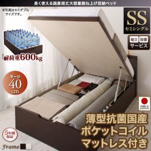 【組立設置費込】 収納ベッド 【縦開き】 セミシングル 深さラージ   【薄型抗菌国産ポケットコイルマットレス付】 フレームカラー：ダークブラウン マットレスカラー：アイボリー 長く使える国産頑丈大容量跳ね上げ収納ベッド BERG ベルグ