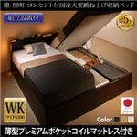 【組立設置費込】 収納ベッド ワイドK200 縦開き 【薄型プレミアムポケットコイルマットレス付】 フレームカラー：ダークブラウン／マットレスカラー：ホワイト 組立設置付 棚・照明・コンセント付国産大型跳ね上げ収納ベッド Caudillne コーディルネ