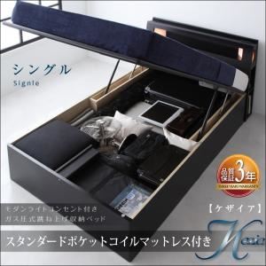 お客様組立 跳ね上げ収納ベッド シングル 深さラージ【スタンダードポケットコイルマットレス付】フレームカラー：ブラック マットレスカラー：ホワイト お客様組立 モダンライトコンセント付き・ガス圧式跳ね上げ収納ベッド Kezia ケザイア