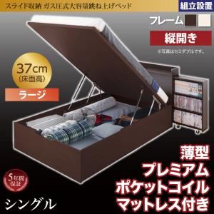 【組立設置費込】跳ね上げ収納ベッド 【縦開き】シングル 深さラージ【薄型プレミアムポケットコイルマットレス付】フレームカラー：ダークブラウン マットレスカラー：ホワイト 組立設置付 スライド収納_大容量ガス圧式跳ね上げベッド Many-IN メニーイン