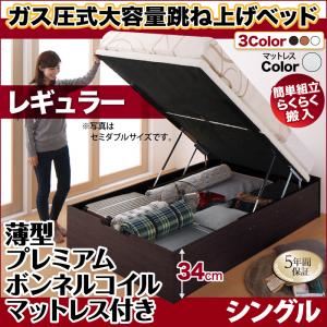 お客様組立 跳ね上げ収納ベッド 【縦開き】シングル 深さレギュラー【薄型プレミアムボンネルコイルマットレス付】フレームカラー：ダークブラウン マットレスカラー：ホワイト お客様組立 簡単組立らくらく搬入ガス圧跳ね上げ収納ベッド Mysel マイセル