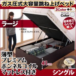 お客様組立 跳ね上げ収納ベッド 【縦開き】シングル 深さラージ【薄型プレミアムボンネルコイルマットレス付】フレームカラー：ダークブラウン マットレスカラー：ホワイト お客様組立 簡単組立らくらく搬入ガス圧跳ね上げ収納ベッド Mysel マイセル