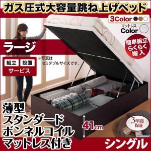 【組立設置費込】跳ね上げ収納ベッド 【縦開き】シングル 深さラージ【薄型スタンダードボンネルコイルマットレス付】フレームカラー：ナチュラル マットレスカラー：ホワイト 組立設置付 簡単組立らくらく搬入ガス圧跳ね上げ収納ベッド Mysel マイセル
