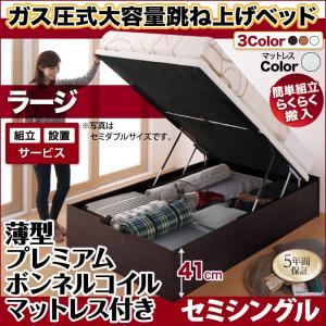 【組立設置費込】跳ね上げ収納ベッド 【縦開き】セミシングル 深さラージ【薄型プレミアムボンネルコイルマットレス付】フレームカラー：ナチュラル マットレスカラー：ホワイト 組立設置付 簡単組立らくらく搬入ガス圧跳ね上げ収納ベッド Mysel マイセル