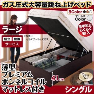 【組立設置費込】跳ね上げ収納ベッド 【縦開き】シングル 深さラージ【薄型プレミアムボンネルコイルマットレス付】フレームカラー：ダークブラウン マットレスカラー：ホワイト 組立設置付 簡単組立らくらく搬入ガス圧跳ね上げ収納ベッド Mysel マイセル