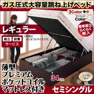 【組立設置費込】跳ね上げ収納ベッド 【縦開き】セミシングル 深さレギュラー【薄型プレミアムポケットコイルマットレス付】フレームカラー：ダークブラウン マットレスカラー：ホワイト 組立設置付 簡単組立らくらく搬入ガス圧跳ね上げ収納ベッド Mysel マイセル