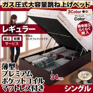 【組立設置費込】跳ね上げ収納ベッド 【縦開き】シングル 深さレギュラー【薄型プレミアムポケットコイルマットレス付】フレームカラー：ナチュラル マットレスカラー：ホワイト 組立設置付 簡単組立らくらく搬入ガス圧跳ね上げ収納ベッド Mysel マイセル