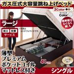 【組立設置費込】跳ね上げ収納ベッド 【縦開き】シングル 深さラージ【薄型プレミアムポケットコイルマットレス付】フレームカラー：ナチュラル マットレスカラー：ホワイト 組立設置付 簡単組立らくらく搬入ガス圧跳ね上げ収納ベッド Mysel マイセル