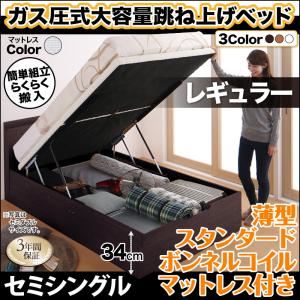 お客様組立 収納ベッド 【縦開き】 セミシングル 深さレギュラー 【薄型スタンダードボンネルコイルマットレス付】 フレームカラー：ダークブラウン マットレスカラー：ホワイト 搬入楽々棚コンセント跳ね上げベッド Free-Gate フリーゲート