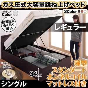 お客様組立 収納ベッド 【縦開き】 シングル 深さレギュラー 【薄型スタンダードボンネルコイルマットレス付】 フレームカラー：ダークブラウン マットレスカラー：ホワイト 搬入楽々棚コンセント跳ね上げベッド Free-Gate フリーゲート