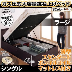 お客様組立 収納ベッド 【縦開き】 シングル 深さラージ 【薄型スタンダードボンネルコイルマットレス付】 フレームカラー：ダークブラウン マットレスカラー：ホワイト 搬入楽々棚コンセント跳ね上げベッド Free-Gate フリーゲート