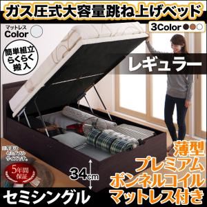 お客様組立 収納ベッド 【縦開き】 セミシングル 深さレギュラー 【薄型プレミアムボンネルコイルマットレス付】 フレームカラー：ダークブラウン マットレスカラー：ホワイト 搬入楽々棚コンセント跳ね上げベッド Free-Gate フリーゲート