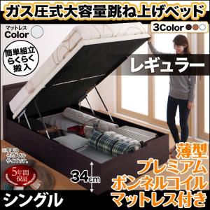 お客様組立 収納ベッド 【縦開き】 シングル 深さレギュラー 【薄型プレミアムボンネルコイルマットレス付】 フレームカラー：ダークブラウン マットレスカラー：ホワイト 搬入楽々棚コンセント跳ね上げベッド Free-Gate フリーゲート