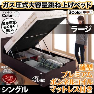 お客様組立 収納ベッド 【縦開き】 シングル 深さラージ 【薄型プレミアムボンネルコイルマットレス付】 フレームカラー：ダークブラウン マットレスカラー：ホワイト 搬入楽々棚コンセント跳ね上げベッド Free-Gate フリーゲート