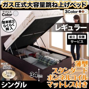 【組立設置費込】 収納ベッド 【縦開き】 シングル 深さレギュラー 【薄型スタンダードボンネルコイルマットレス付】 フレームカラー：ダークブラウン マットレスカラー：ホワイト 搬入楽々棚コンセント跳ね上げベッド Free-Gate フリーゲート