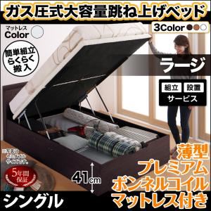 【組立設置費込】 収納ベッド 【縦開き】 シングル 深さラージ 【薄型プレミアムボンネルコイルマットレス付】 フレームカラー：ダークブラウン マットレスカラー：ホワイト 搬入楽々棚コンセント跳ね上げベッド Free-Gate フリーゲート