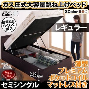 お客様組立 収納ベッド 【縦開き】 セミシングル 深さレギュラー 【薄型プレミアムポケットコイルマットレス付】 フレームカラー：ダークブラウン マットレスカラー：ホワイト 搬入楽々棚コンセント跳ね上げベッド Free-Gate フリーゲート