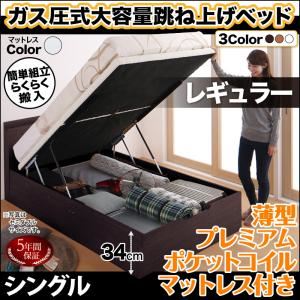 お客様組立 収納ベッド 【縦開き】 シングル 深さレギュラー 【薄型プレミアムポケットコイルマットレス付】 フレームカラー：ダークブラウン マットレスカラー：ホワイト 搬入楽々棚コンセント跳ね上げベッド Free-Gate フリーゲート