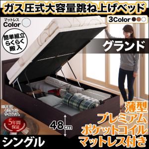 お客様組立 収納ベッド 【縦開き】 シングル 深さグランド 【薄型プレミアムポケットコイルマットレス付】 フレームカラー：ダークブラウン マットレスカラー：ホワイト 搬入楽々棚コンセント跳ね上げベッド Free-Gate フリーゲート