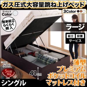 【組立設置費込】 収納ベッド 【縦開き】 シングル 深さラージ 【薄型プレミアムポケットコイルマットレス付】 フレームカラー：ダークブラウン マットレスカラー：ホワイト 搬入楽々棚コンセント跳ね上げベッド Free-Gate フリーゲート