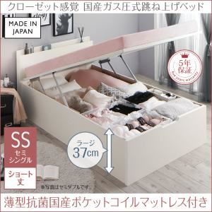 お客様組立 収納ベッド 【縦開き】セミシングル ショート丈 深さラージ 【薄型抗菌国産ポケットコイルマットレス付】 フレームカラー：ホワイト マットレスカラー：ホワイト クローゼット跳ね上げベッド aimable エマーブル