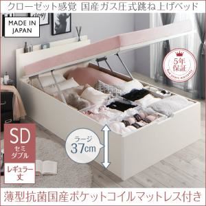 お客様組立 収納ベッド 【縦開き】セミダブル レギュラー丈 深さラージ 【薄型抗菌国産ポケットコイルマットレス付】 フレームカラー：ホワイト マットレスカラー：ホワイト クローゼット跳ね上げベッド aimable エマーブル