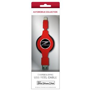 (まとめ)NISSAN 公式ライセンス品 FAIRLADY Z CHARGE ＆ SYNC USB REEL CABLE FOR IPHONE RED NZMUJ-R1RD【×2セット】 - 拡大画像