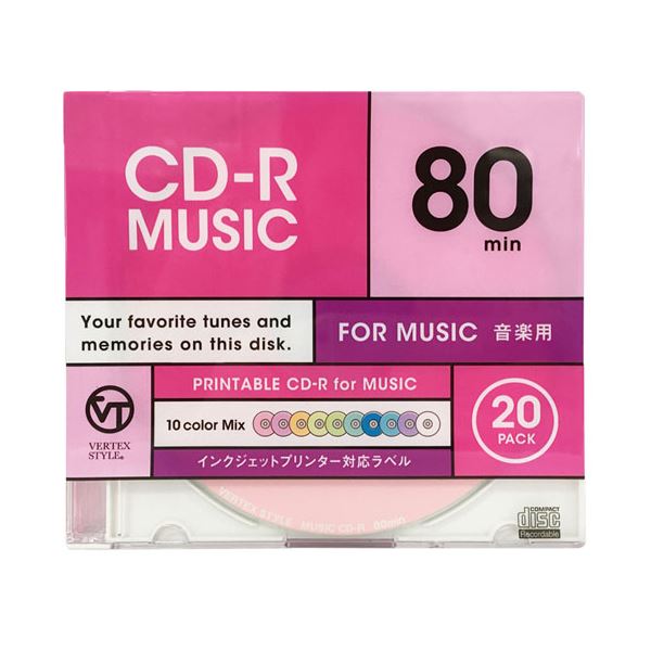 (まとめ)VERTEX CD-R(Audio) 80分 20P カラーミックス10色 インクジェットプリンタ対応 20CDRAMIX.80VXCA【×5セット】f00