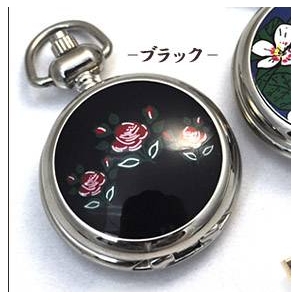 ギフト用桐箱いり和風懐中時計 薔薇柄ブラック ネックレス・根付の3way