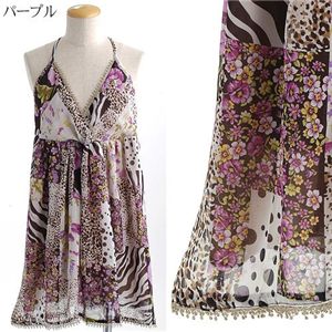 アニマル花柄プリントワンピース パープル - 拡大画像