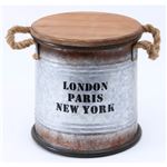 ビンテージ風 ブリキスツール/収納ボックス 【シルバー】 直径25cm×高さ26cm スチール製 天然木座面 〔インテリア家具 什器〕