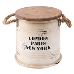 ビンテージ風 ブリキスツール/収納ボックス 【アイボリー】 直径25cm×高さ26cm スチール製 天然木座面 〔インテリア家具 什器〕