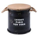 ビンテージ風 ブリキスツール/収納ボックス 【ブラック】 直径25cm×高さ26cm スチール製 天然木座面 〔インテリア家具 什器〕